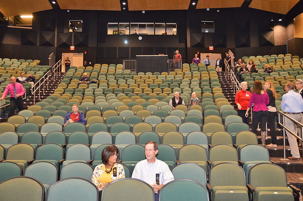 THE MINISCULE CROWD at last week's second session of Town Meeting was dwarfed by the 650 seats in the high school's Performing Arts Center. (Bob Turosz Photo)