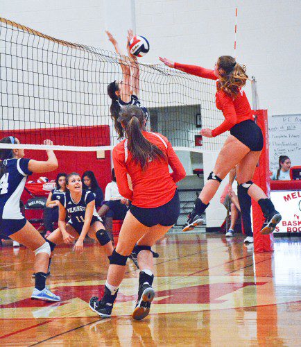 VICTORIA CROVO is leading the Melrose Lady Raider volleyball team in kills this season, ranked 7th in the division. Melrose remains unbeaten in the Middlesex League at 12-0. (Steve Karampalas photo) 