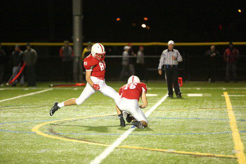 MIKE CUSOLITO'S 37 yard field goal topped Woburn at the buzzer in a wild 26-23 win for Melrose, who finished their regular season perfect at 7-0, with playoffs beginning next week. (file photo)
