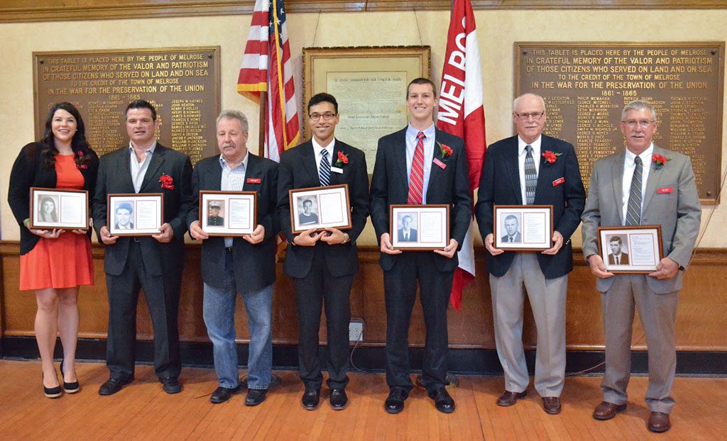 AMONG THOSE individuals inducted Saturday to the 2015 Melrose High School Athletic Hall of Fame were: (from left to right) Hannah Brickley (2010), Donald Gautreau Jr. (1988), George LeBlanc Jr. (2000) - represented by father George Sr., Duane Teixeira (2006), Eric Scofield (2006), Dick Kelliher (1961) and Larry Abbott (1969). Missing from photo: inductees Shey Peddy (2007) and Joseph Mercer (1989). (Steve Karampalas photo)