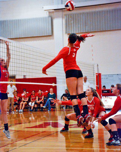 THE MELROSE Lady Raider volleyball team have proven to be tough to beat in the final stretch. Melrose (18-2, 16-0) took down reigning State Champ Newton North on Monday 3-2 and hope to secure a first seed in the Div. 2 North playoffs. (Steve Karampalas photo) 
