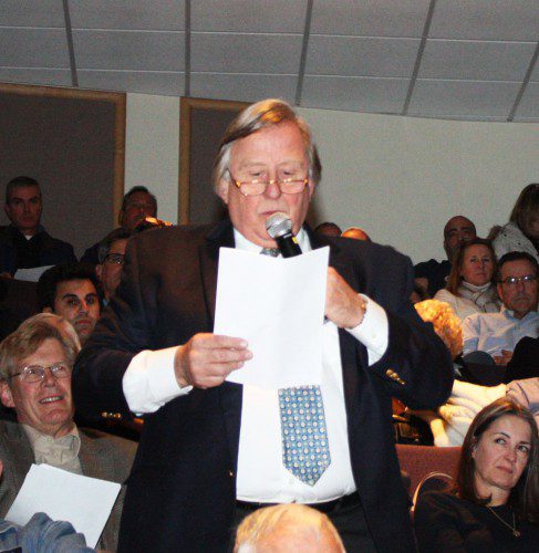FORMER SELECTMAN Bob Whalen urged townspeople to vote against expanding the board to five members. (Maureen Doherty Photo) 