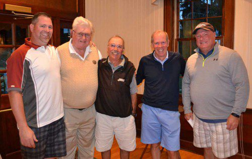 OTHER TSF winners were (L to R ): Rob Curley, longest drive; Joe Curley closest to pin on two; Pat O’Keefe, closest to pin on 16, James Taylor, closest to line on 12; and Joe Gilligan, closest to the pin on 11.(Ann Hadley Photo)