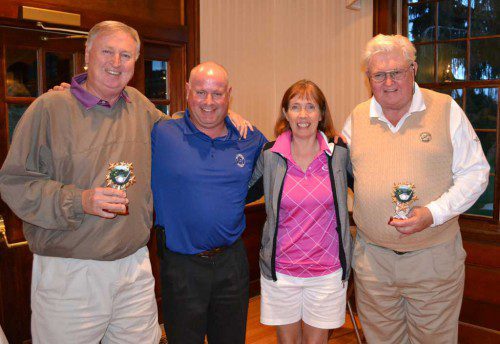 THE WINNERS of the low net awards were (L to R); Jim Curley, third; Howie Melanson, second; Cindy Healy, low female, and Joe Curley, first. (Ann Hadley Photo)