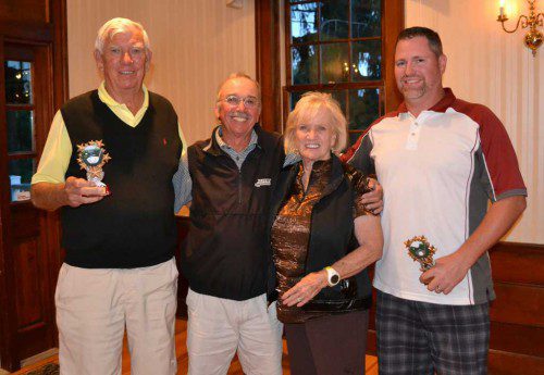 THE WINNERS of the low gross awards at the TSF Golf Tournament were (L to R): Jim Fahey, third; Pat O’Keefe, second; Ellie DePasquale, first-ladies, and Rob Curley, first.(Ann Hadley Photo)