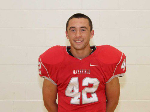 SENIOR RB/LB Paul McGunigle was named the Wakefield Daily Item Football Player of the Week for his effort in Wakefield’s 7-6 victory over Stoneham last Friday night at Stoneham High School. McGunigle scored the lone Warrior touchdown on a 30 yard run and kicked the deciding extra point. McGunigle gained 79 yards on 15 carries. (Donna Larsson Photo)