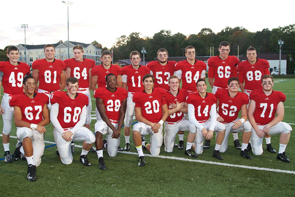 THE UNDEFEATED Middlesex Freedom Champion Red Raider football team celebrated Senior night before their 17-7 win over Stoneham that improved Melrose to 7-0. Pictured are seniors: (front row l to r) Christian Perkins, Daniel Appleby, Jay Tyler, Julian Nyland, Justin Auger, Ryan Censullo, captain Jaret Botelho, Daniel Ouellete. (Standing from left) Jon Pesaturo, Mike Cusolito, Sean Bruno, Tom Calvert, Alex Burton, Alex Bookman, Will Brincheiro, captain Brian Mercer and captain Cam Hickey. (Donna Larsson photo) 