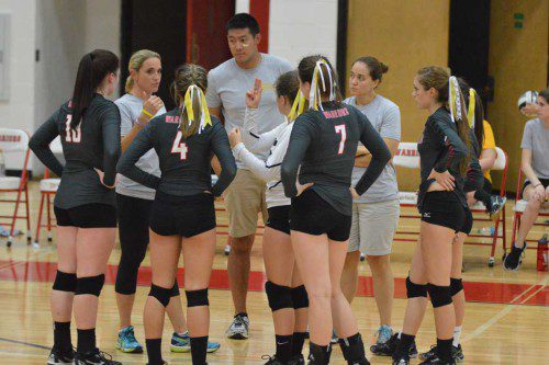 THE WMHS girls’ volleyball team huddles to discuss strategy during a recent match. The Warriors didn’t have too much to worry about on Friday as they rolled to 3-0 triumph over New Mission in a non-league match.