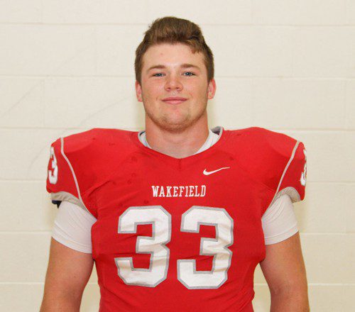 SENIOR LB/RB Zack Kane was named the Wakefield Daily Item Football Player of the Week for his effort in last Friday night's game against Burlington at Varsity Field. Kane had a great defensive effort with 15 tackles (14 solo, one assisted) to lead Wakefield's defensive effort against the Red Devils. (Donna Larsson Photo)