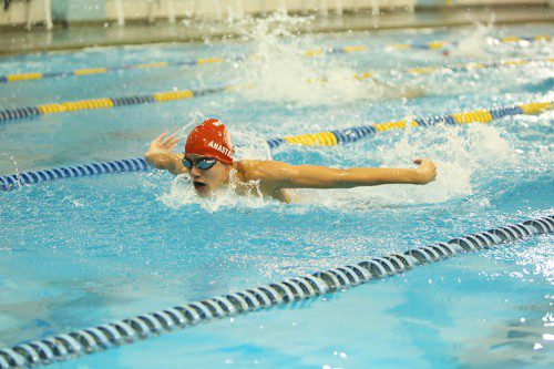 CHRIS ANASTASIADES, a freshman, qualified for the state meet in the 100 butterfly with a first place time of 1:01.31 in Wakefield’s 90-80 victory over Burlington. (Donna Larsson File Photo)
