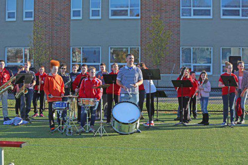 ADDING TO THE ATMOSPHERE at Friday’s student-teacher flag football game were members of the Galvin Middle School band. (Donna Larsson Photo)