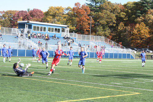 BRAVES keeper Jose Bisbe makes a great sliding save late in the second half to preserve the 2-1 victory over Bayern Munich. (Maureen Doherty Photo)