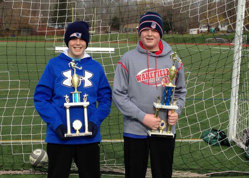 WAKEFIELD K of C, Council #104, had two boys win trophies at the State Soccer Finals at Nichols College in Dudley. From left to right are Logan Cosgrove and Liam Cosgrove.