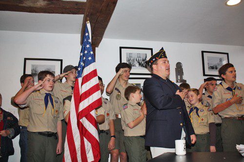 LOCAL BOY SCOUTS from Troop 48 join outgoing Veterans' Services Agent Jason Kimball in reciting the Pledge of Allegiance at Veterans' Day ceremonies. (Maureen Doherty Photo)