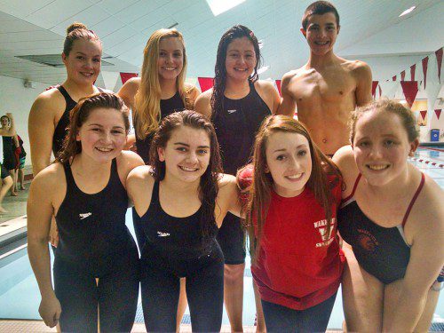 THE WMHS swim team brought eight members to the Div. 2 State Meet on Sunday. In the front row (from left to right) are Caroline Sweeney, Taylor Guarino, Erin Lucey and CC Colliton. In the back row (from left to right) are Madi Guay, Tori Tringale, Nicole Pecjo and Chris Anastasiades.