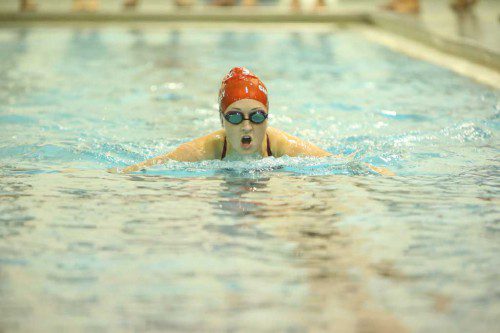 MADISON GUAY, a senior captain, captured first place in the 100 breaststroke in a time of 1:16.37 in Wakefield's dual meet finale against Winchester. (Donna Larsson File Photo)