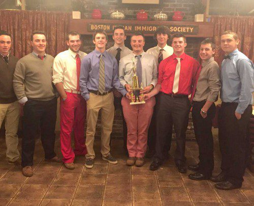 THE 2015 Warrior golf team is pictured with the Middlesex League Shootout Trophy at the team’s recent banquet. Members of the team are Timmy Hurley, Steven Melanson, Stephen Marino, David Melanson, Austin Collard, Michael Guanci, John Evangelista, Dylan Melanson, Justin Sullivan and Kevin Murray.
