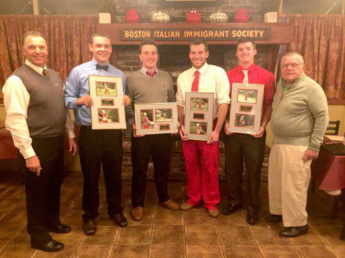 THE WMHS golf team had several award winners at the team’s recent banquet. From left to right are Head Coach Dennis Bisso, Kevin Murray (Most Improved), Steven Melanson (Senior Appreciation),  Stephen Marino (Coaches Award), Dylan Melanson (Most Consistent Golfer) and Assistant Coach Tom Merchant.