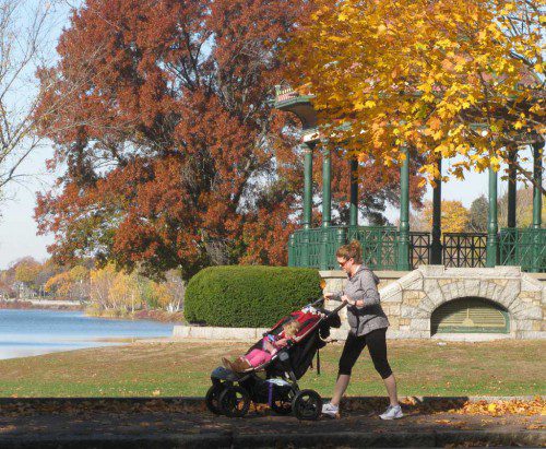 A MOM pushes her child in a stroller along the Common yesterday. (Mark Sardella Photo)