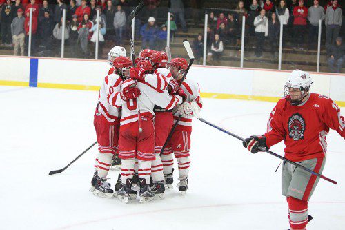THE MHS Red Raider hockey team picked up a key league win against Wakefield on Saturday by a score of 3-2. (Donna Larsson photo) 
