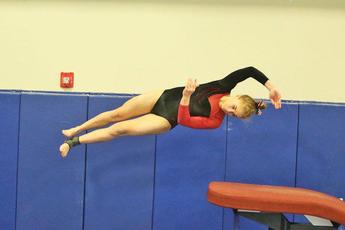 THE MELROSE High School gymnastic team is flying high at 4-0 after key wins over Woburn and Reading. (Donna Larsson photo) 