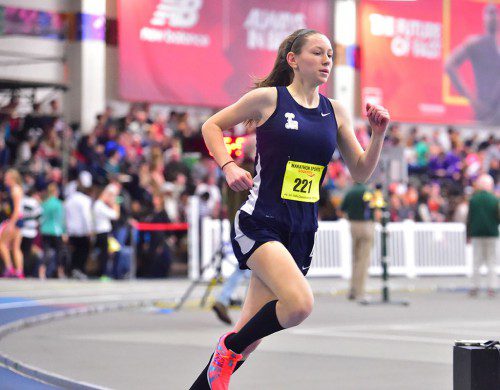 SURGING AHEAD. Pioneer Kate Mitchell ran a strategic race at All-States by overtaking five runners on the final lap of the 600m to win her heat with a personal best time of 1:38.39. She finished 12th overall.   (John Keklak Photo)
