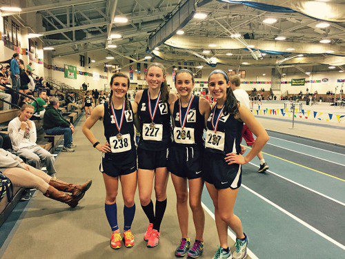 A CHAMPIONSHIP stride earned Lynnfield's 4x800m relay team the Cape Ann League championship title in 10:29.11 and qualified team members (from left): Lexi Yannone, Kate Mitchell, Lilly DiPietro and Meryl Braconnier for the Div. 5 state meet to be held this Saturday. (Courtesy Photo)