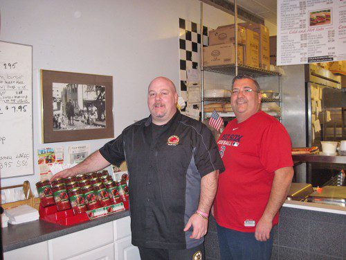 SINCE launching Italian Tomato Co. two years ago, business partners Michael “Mike” DiCorato (left) and John Micieli’s marinara sauce is steadily gaining ground. The sauce is now available at DiCorato’s Countryside Deli on Salem Street at the Wakefield-Lynnfield line, Hannaford’s, Wegmans Food Market, Whole Foods and mom and pop stores. Next up: Stop & Shop later this month. (Gail Lowe Photo)