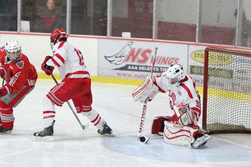 THE MELROSE Red Raider hockey team picked up a win when they beat Medford Monday night at the Kasabuski Rink in Saugus by a score of 3-1. (Donna Larsson photo) 