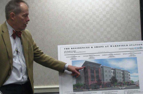 ARCHITECT CHRISTOPHER MULHERN tells the Zoning Board of Appeals about the five-story luxury condominium complex with 60 residential units and commercial retail space on the ground level that is proposed for property at 175 North Ave and 40 West Water St. (Mark Sardella Photo) 