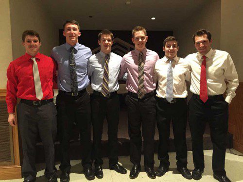 THE 2016-17 captains were named at the WMHS boys' hockey banquet. From left to right are outgoing captains Dylan Melanson and Ben Yandell, incoming captains David Melanson and Pat Leary, and outgoing captains Anthony Funicella and Steve Marino. (Karen Pugsley Photo)