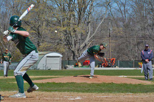 JUNIOR DAN MADDEN delivers a winning pitch in his decisive debut on the mound securing an 11-1 win over the Pentucket Sachems. Dan's stats for the day: 7IP, 1ER, 4H, 3BB, 6K. (Deanna Castro Photo) 
