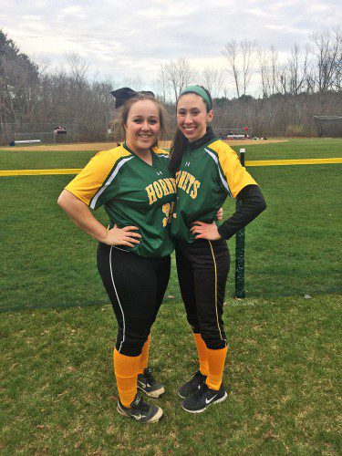 ROAD WARRIORS. The schedule makers put the NRHS varsity softball game on the road for the first three games of the season, (the game at Reading was canceled because of rain). But Captains Taylor Connor and Carly Swartz are looking forward to leading the Hornets in their first home game on Friday. (Courtesy Photo) 