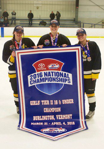 MELROSE'S JILL Mercer, Saoirse Connolly and Rachel DiFraia (left to right) became National champs when their East Coast Wizards hockey team beat Alaska, 2-1, to clinch a U-16 Tier 2 National title last weekend in Burlington, VT. The team went 6-0 in tournament play. (courtesy photo)