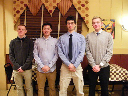 THE MELROSE High boys' swim team celebrated a record breaking season at their year-end banquet. Pictured are the team captains (from left to right): Joe Connolly 2017 team captain, and this year's captains Justin Hori, Joe Brach, and Ben Fiesel. (courtesy photo) 