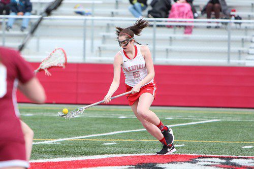 JULIA BROWN, a sophomore attacker, scored a goal in Wakefield’s 16-1 rout over Malden in a non-league game on Wednesday at McDonald to increase the girls' lacrosse team's  record to 3-1 on the year. (Donna Larsson File Photo)