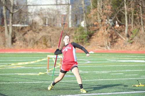 JULIA DERENDAL, a senior captain, won both the javelin and discus with throws of 96-8 and 82 feet in Wakefield’s 78-58 victory over Melrose yesterday at Pine Banks Track. (Donna Larsson Photo)