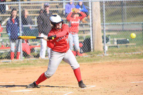 HANNAH DZIADYK, a sophomore, had three hits and drove in three runs in Wakefield’s 15-8 triumph over Arlington yesterday at Vets’ Field. (Donna Larsson File Photo)