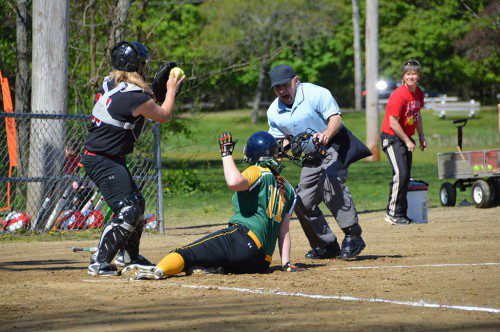 OUT AT THE PLATE. The Hornets lost a scoring opportunity when Cassidy Gaeta was cut down at the plate on a really close play in the second inning of Saturday’s game at Reading. (Bob Turosz Photo)