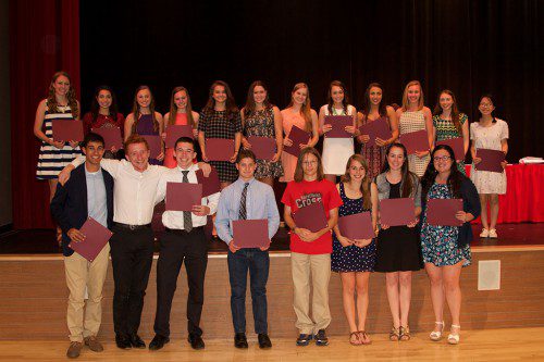 LAST NIGHT IN THE Galvin Middle School's auditorium, Wakefield Memorial High School seniors were rewarded for their accomplishments. Here are those who received the Achievement in Math Award, for getting an  A- or better for four years. (Donna Larsson Photo)