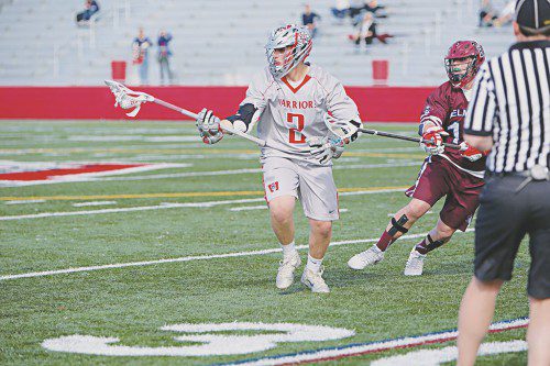 PJ IANNUZZI, a junior midfielder, scored at least a goal in each of the three Warriors this past week. Wakefield defeated Melrose, Marblehead, and Burlington to increase its overall record to 13-2 with three more contests remaining in the regular season. (Donna Larsson File Photo)
