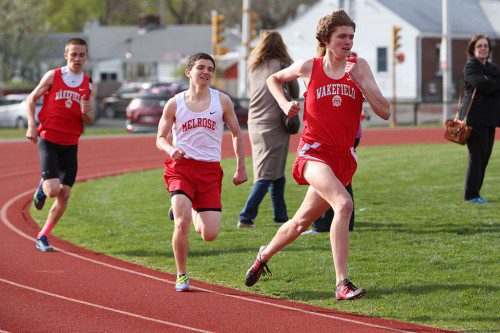 SENIOR Alec Rodgers (right) and junior Ryan Sullivan (left) were members of Wakefield’s first place 4x800 A relay team at the Div. 3 State Relays. Sophomore Matt Greatorex and junior Adam Roberto were also part of the winning relay team which clocked in at 8:23.00. (Donna Larsson File Photo)