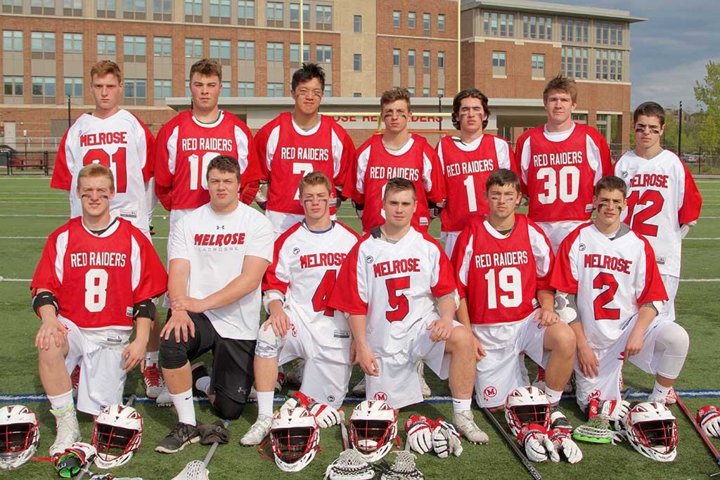 THE MELROSE Red Raider lacrosse team recently celebrated Senior Night. Pictured back row left to right: Connor Locke, Mike Cusolito, Vien Pham, Zac Phipps, Joe Colozzo, Fred Kelly, Brian Wager. Bottom: Justin Auger, Cam Hickey, Jack Siebert, Ryan McDermott, Tom Calvert, and Jack Mandracchia. (Donna Larsson photo) 