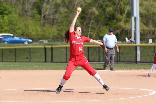 THE MELROSE Lady Raider softball team is one win away from playoffs after back to back wins over Wilmington and Wakefield. Pictured is senior captain and hurler Alyssa Gorman.  (Donna Larsson photo) 