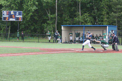 SWINGING for the fences. Senior Nick Theophiles blasted a homer on this shot against Pentucket to contribute to the team's 6-5 win in the first round of the Div. 3 North tournament. (Maureen Doherty Photo)