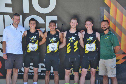 AT NATIONALS. The NRHS Boys Track Spring Medley team made an big impression in Greensboro, NC. From left: Boys Track coach Ryan Spinney, Tom Helms, Nick Copelas, Matt McCarthy, Jackson Hastings and Girls Track Coach Sotirios Pintzopoulos. (Sandra Valenti Photo)