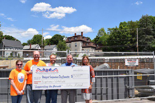 BRIGHTVIEW SENIOR LIVING recently donated money to make sure Wakefield has another great Fourth of July Parade. From the left are Wakefield Independence Day Committee volunteer Amy Braid, WIDC volunteer Brian Fox, WIDC Chairman Patrick Sullivan, Mike Reed and Jill McWilliam. (Emily Bishop Photo)