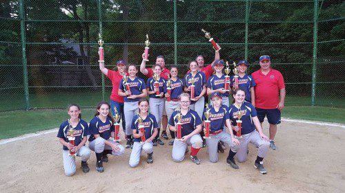THE INDIANS captured the 2016 Town Series championship in Major Little League Softball. In the front row (from left to right) are Grace Butler, Abbey Fitzpatrick, Olivia Butler, Macie Story, Emily Williams and Caroline Gill. In the second row (from left to right) are Samantha Day, Bella Zullo, Felicia D’Alessandro, Alyssa Grossi, Samantha Colliton and Jackie Woish. In the back row (from left to right) are Coaches Andrea Day, John Grossi, Christopher Zullo and Manager John D’Alessandro.