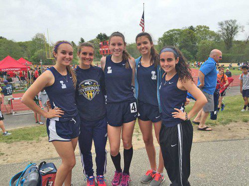 LADY PIONEERS scoring points at the annual CAL Track and Field Championships were, from left, Renee DelNegro, Lexi Yannone, Kate Mitchell, Sarah Crockett and Julianna Passatempo. (Courtesy Photo)