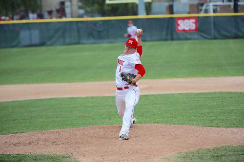 JUSTIN McCARTHY went 9 innings for the Melrose Red Raider baseball team, who fell 2-1 in extra innings against Burlington in the opening round of D2N playoffs. (Donna Larsson photo)